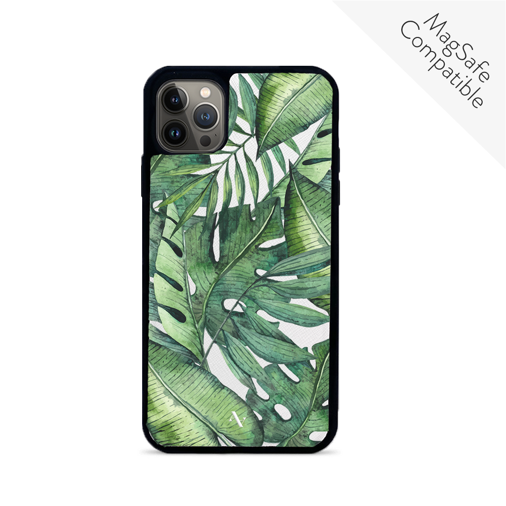 MAAD Tropical Plants Creta iPhone 13 Pro Max Leather Case in vegan saffiano leather with soft rubber rim, showcasing personalization options.